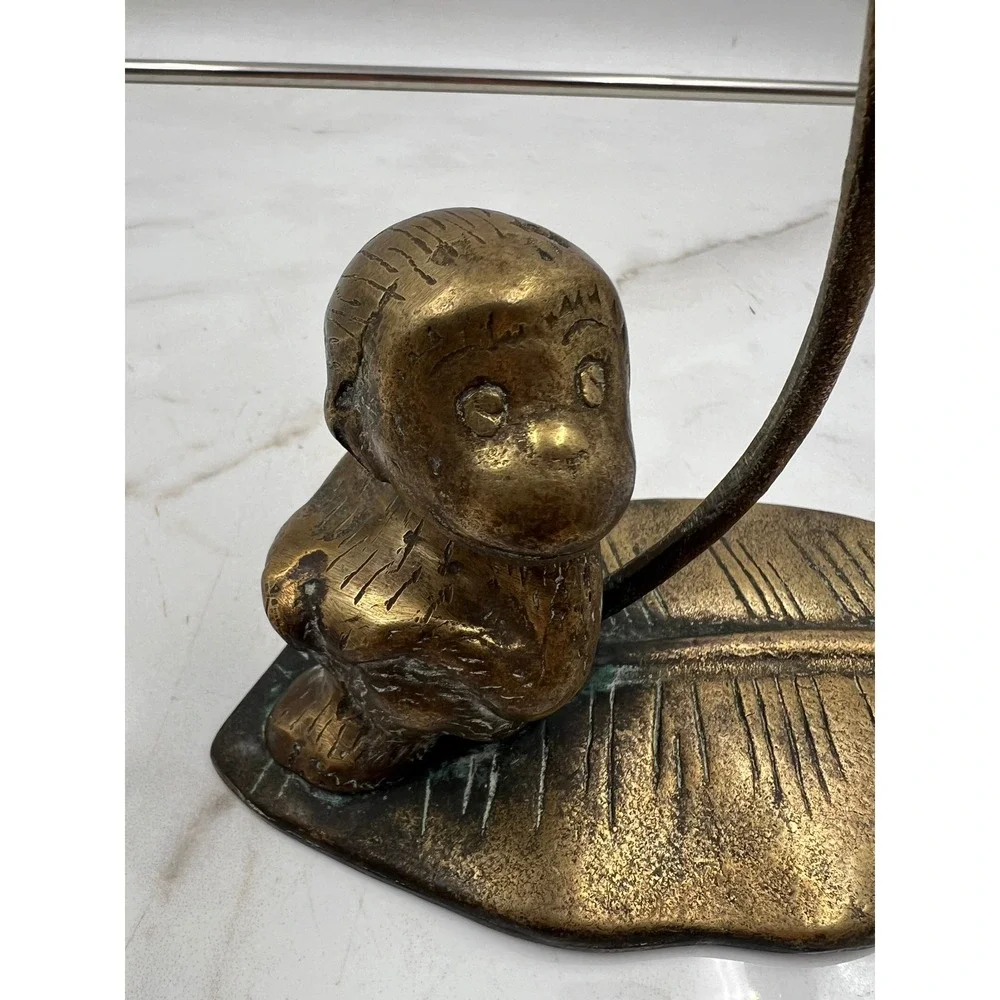 Vintage Brass Monkey Banana Hanger Leaf Base Tropical Kitchen Decor Bronze Tone